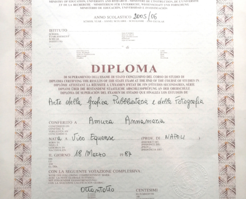 DIPLOMA ACCADEMICO DI PRIMO LIVELLO COSEGUITO PRESSO L'ISTITUTO STATALE D'ARTE IN GRAFICA E FOTOGRAFIA PUBBLICITARIA