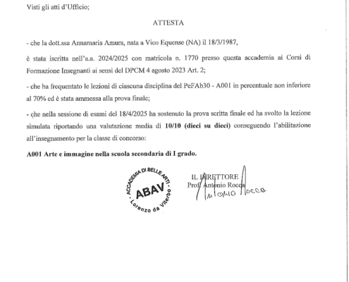 Abilitazione all'insegnamento per la classe di concorso A001 Arte e Immagine nella scuola secondaria di I grado. Conseguita presso l'Accademia di Belle Arti di Viterbo.