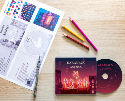 Artwork per CD cover compreso di grafica pubblicitaria per i Karamaus Folk realizzato in pittura digitale. ©Annamaria Amura
