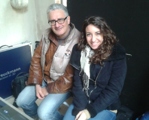 Angelo Rubino e Annamaria Amura durante la scansione 3D dell' Oratorio di San Gaetano, Ottaviano Nelli. Urbino (PU)