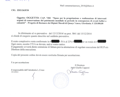Partecipazione come professionista esterno al ripristino iconografico per il progetto di restauro dei Dipinti Murali di Qusayr'Amra in Giordania; in collaborazione con la Dott.Ssa Giovanna De Palma e l'istituto superiore per la Conservazione e il Restauro, I.C.R. Roma.