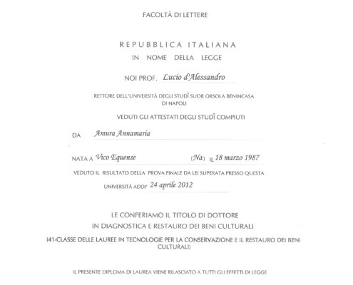 LAUREA TRIENNALE in Diagnostica e Restauro dei Beni Culturali, Classe 41- (Lauree in tecnologia per la conservazione e il restauro dei Beni Culturali), Università degli Studi Suor Orsola Benincasa, facoltà di Lettere, Napoli (Na). A.A. 2010/2011 Titolo Prova Finale: I colori di Pompei, esperienze laboratoriali sulla reintegrazione pittorica. Relatori: Carlo Sassetti, Giorgio Troisi. Votazione 101/110.