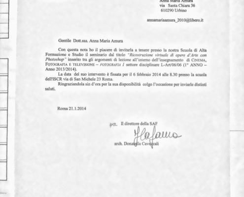 Invito per un Seminario dal titolo "Ricostruzione delle opere d'arte con Photoshop"; presso l'istituto per l'alta Formazione per la Conservazione e il Restauro I.C.R. di Roma.